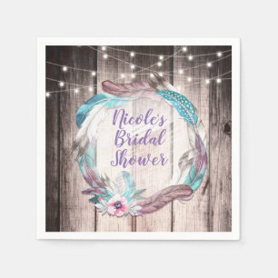 Boho Feathers Wreath & String Lights Bridal Shower Napkins