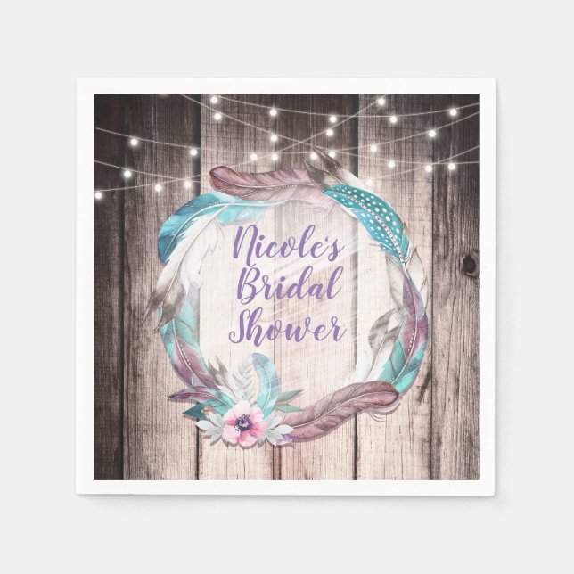 Boho Feathers Wreath & String Lights Bridal Shower Napkins (Front)