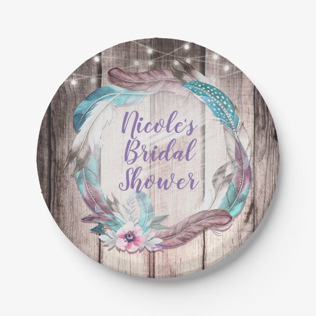 Boho Feathers Wreath & String Lights Bridal Shower Paper Plates (Front)
