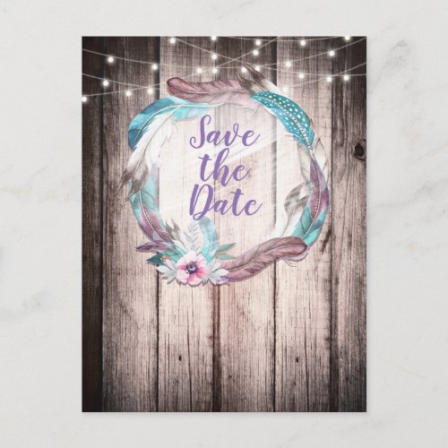 Boho Feathers Wreath  String Lights Save the Date Announcement Postcard