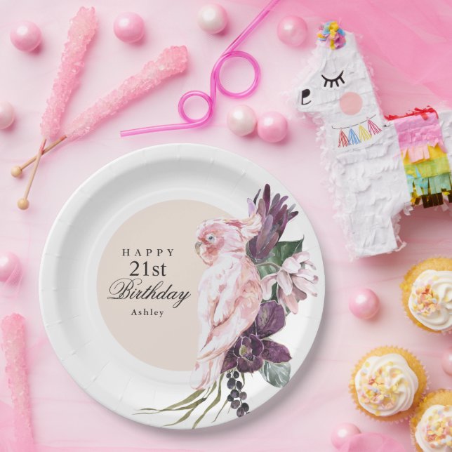 Boho Feminine Tropical Pink Parrot 21st Birthday Paper Plates (Party)