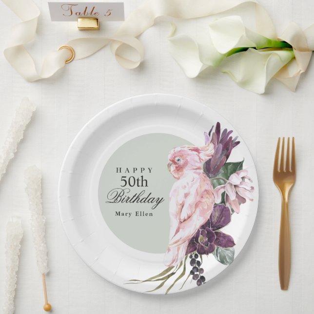Boho Feminine Tropical Pink Parrot 50th Birthday Paper Plates (Wedding)