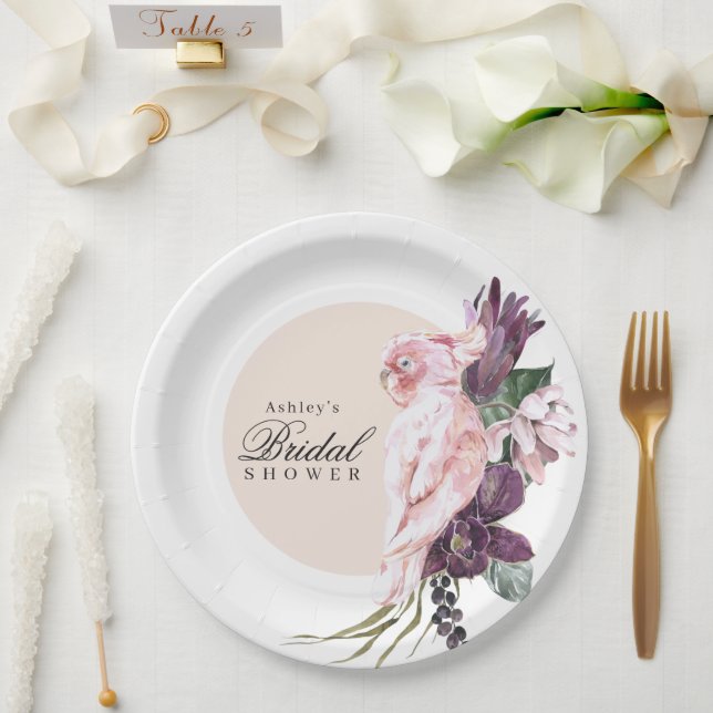 Boho Feminine Tropical Pink Parrot Bridal Shower Paper Plates (Wedding)