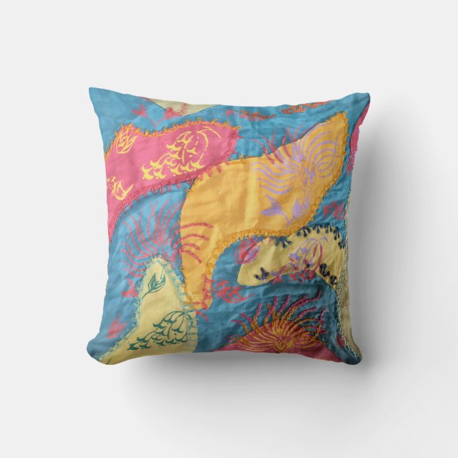 Boho Fiber Art Patchwork Quilt Throw Pillow (Front)