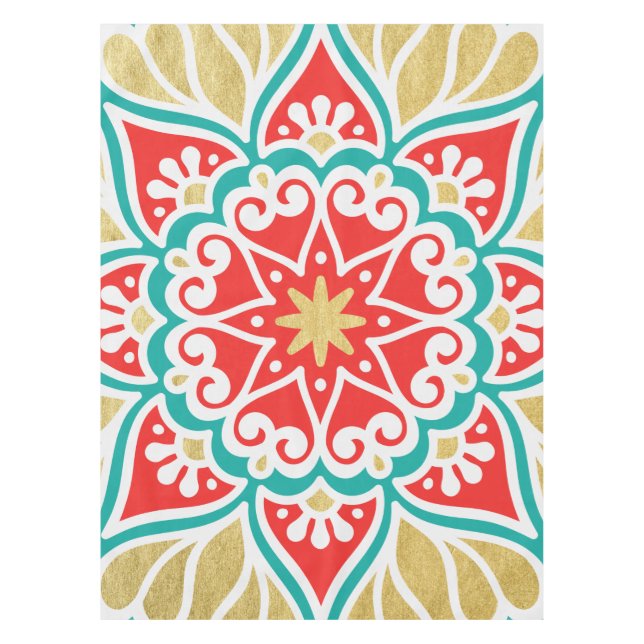 Boho Fiesta Teal Red & Gold Geometric Tablecloth (Front)
