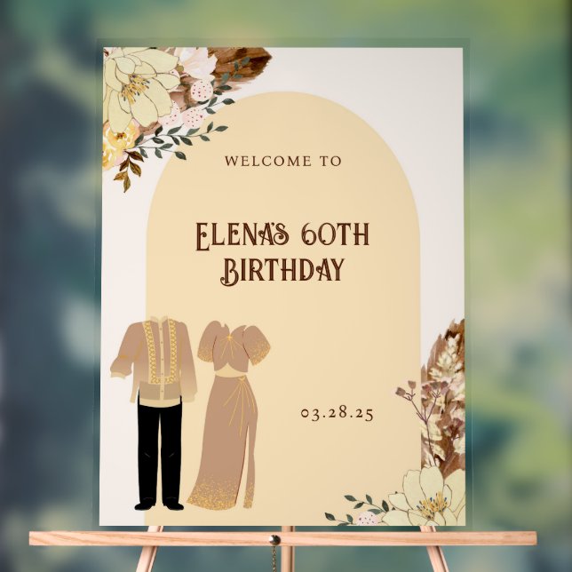 Boho Filipiniana Birthday Welcome Party Banner Acrylic Sign (Neutral)