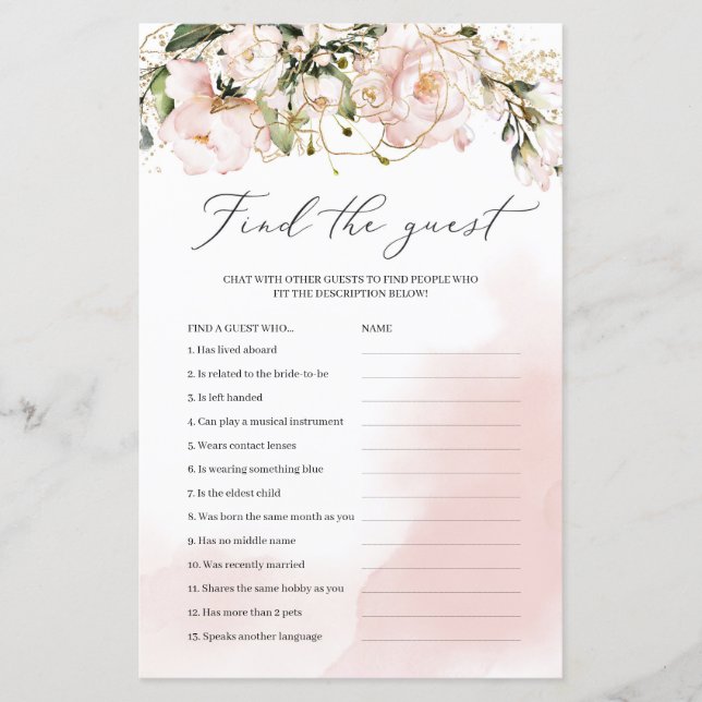 Boho Find the guest bridal shower game blush pink (Front)