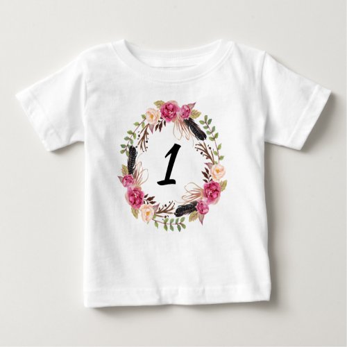 Boho First Birthday Pretty 1st Year Floral Girly Baby T_Shirt