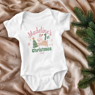 Boho First Christmas with Cute Rabbit, Tree, Name Baby Bodysuit