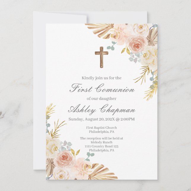 Boho first communion invitation in spanish (Front)