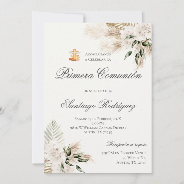 Boho First Communion Invitation in Spanish (Front)
