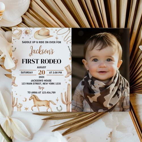 Boho First Rodeo 1st Birthday Photo Invitation