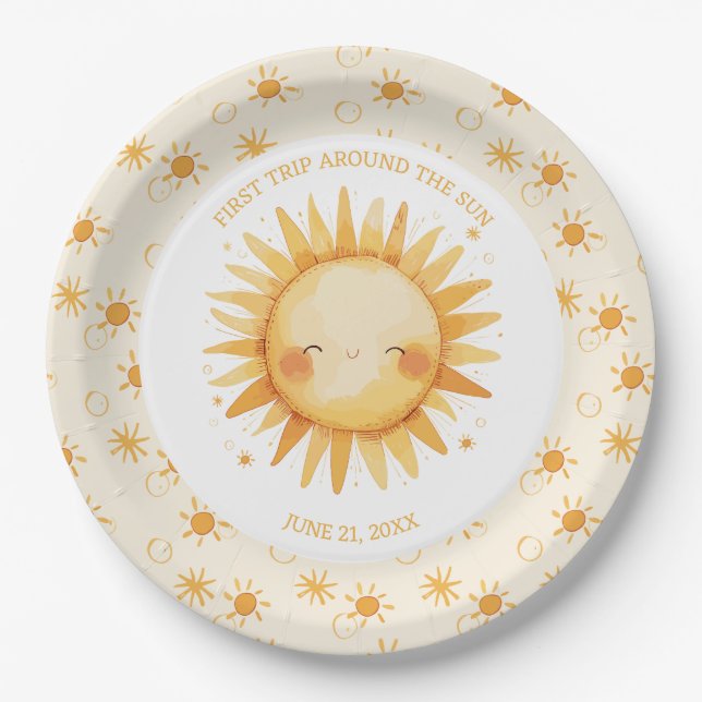 Boho First Trip Around The Sun 1st Birthday Paper Plates (Front)