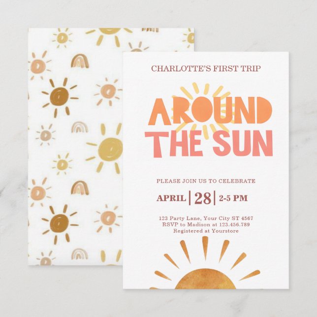 Boho First Trip Around The Sun 1st Birthday Party Invitation (Front/Back)