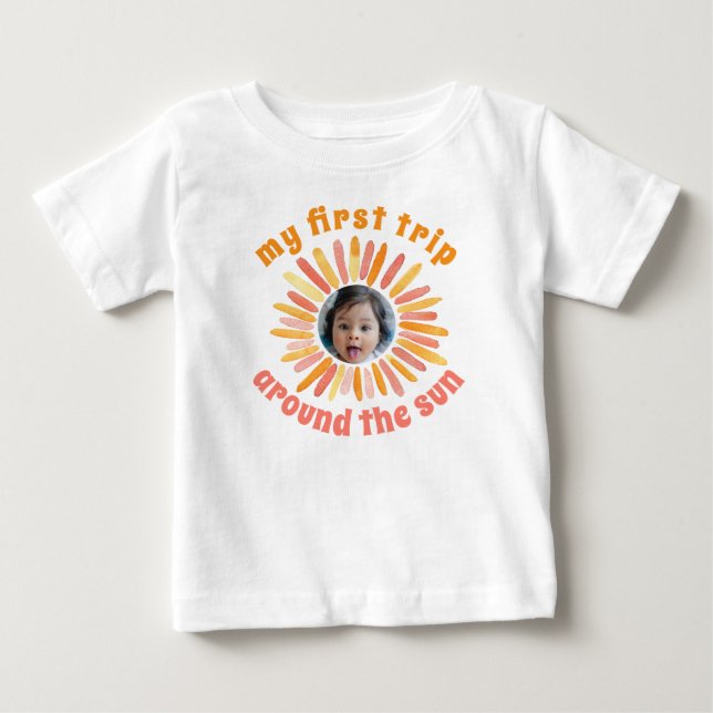 Boho First Trip Around the Sun 1st Birthday Photo Baby T-Shirt (Front)