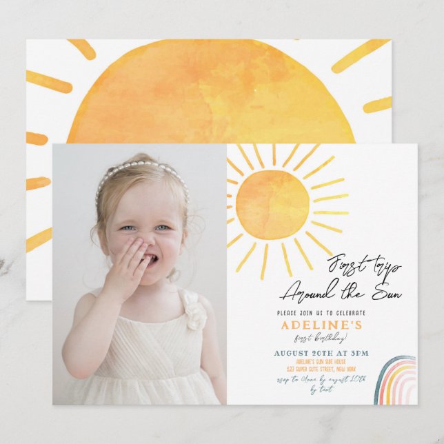 Boho First Trip Around The Sun 1st Birthday Photo Invitation (Front/Back)