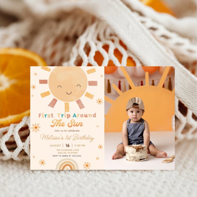 Boho First Trip Around The Sun 1st Birthday Photo Invitation (Creator Uploaded)