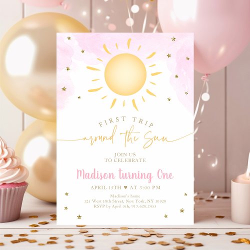 Boho First Trip Around the Sun Pink Gold Birthday Invitation