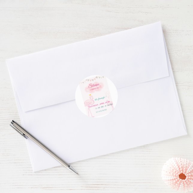 Boho Flamingo Birthday Invitation, Whimsical Princ Classic Round Sticker (Envelope)