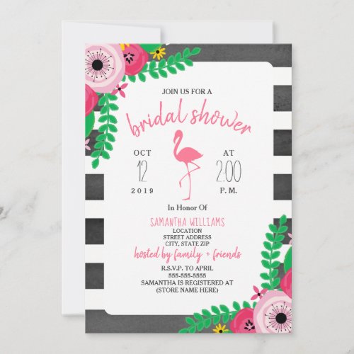 Boho Flamingo Bridal Shower _ Pink  Black Invitation