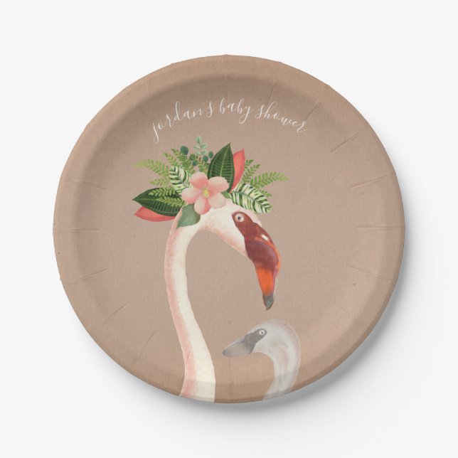Boho Flamingo Mama + Chick Baby Shower Brown Paper Plates (Front)