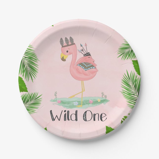 Boho Flamingo Wild One Birthday Party Paper Plates (Front)