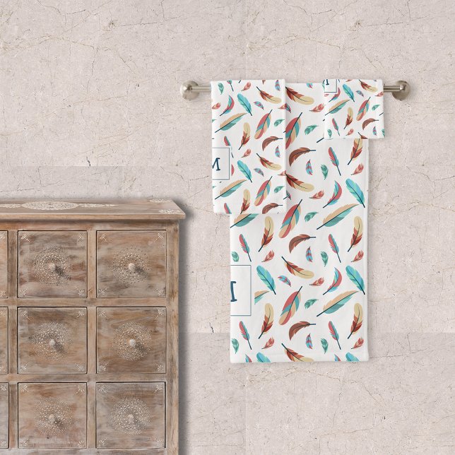 Boho Floating Feathers Pattern Monogrammed Bath Towel Set (Creator Uploaded)