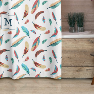 Boho Floating Feathers Pattern Monogrammed Shower Curtain