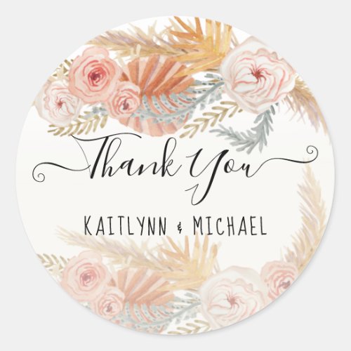 BOHO Flora Pampas Grass Foliage Jungle Thank You Classic Round Sticker