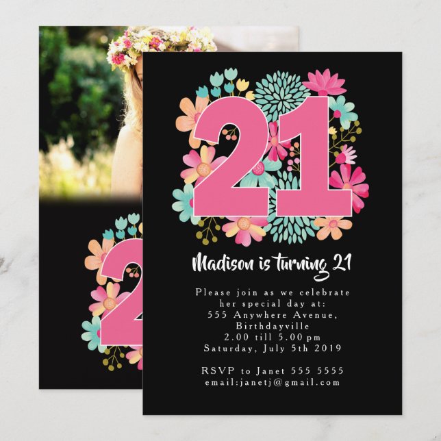 Boho Floral 21st Birthday Photo Cards Invites (Front/Back)