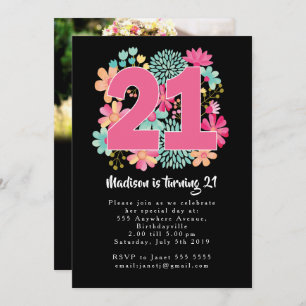Boho Floral 21st Birthday Photo Cards Invites