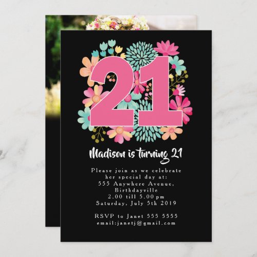 Boho Floral 21st Birthday Photo Cards Invites