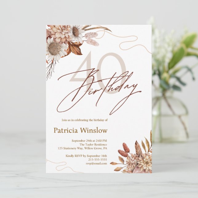 Boho Floral 40th  Birthday  Invitation (Standing Front)