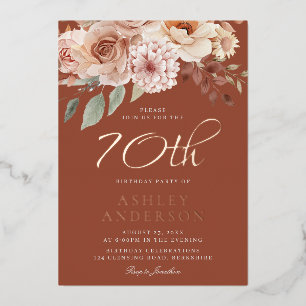 Boho Floral 70th Birthday Party Rose Gold Foil Invitation