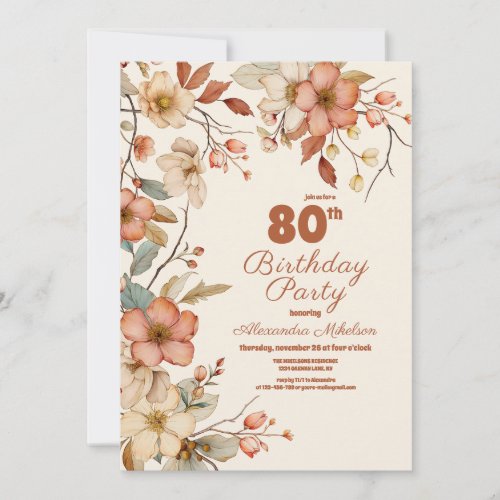 Boho Floral 80th Birthday Invitation