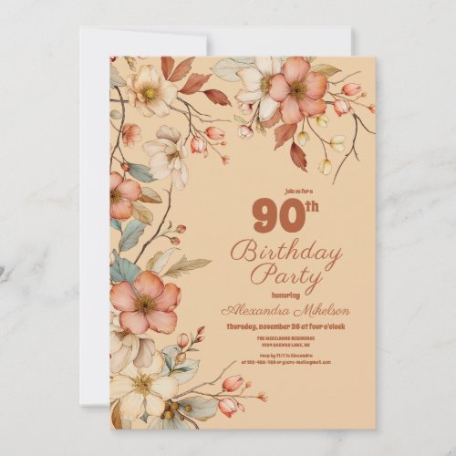 Boho Floral 90th Birthday Invitation