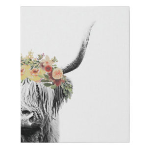 Boho Floral Abstract Black & White Highland Cow Faux Canvas Print