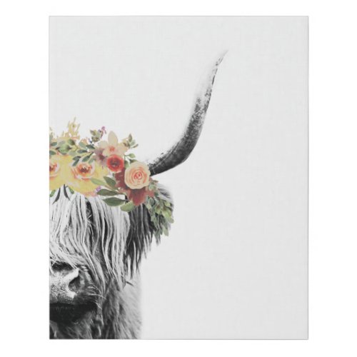 Boho Floral Abstract Black  White Highland Cow  Faux Canvas Print