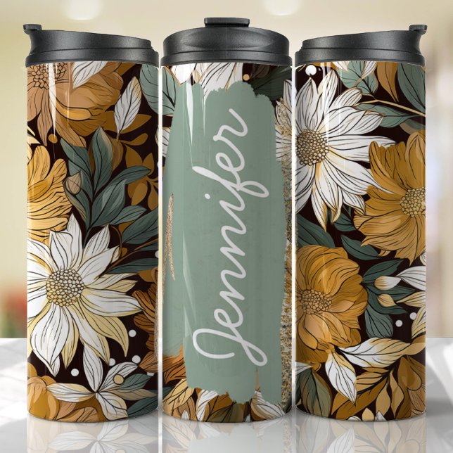 Boho Floral Add Name Custom Gift Thermal Tumbler (Floral Personalized Tumbler)