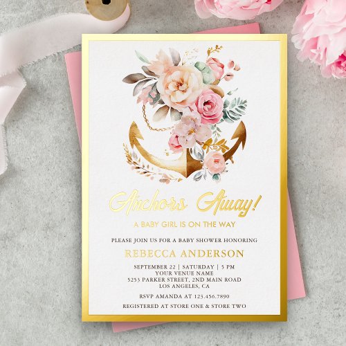 Boho Floral Anchor Nautical Girl Baby Shower Gold Foil Invitation