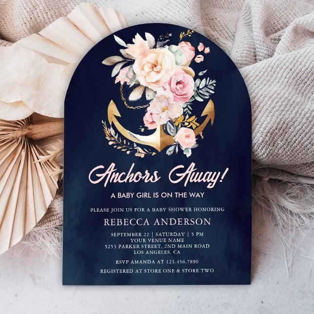 Boho Floral Anchor Nautical Girl Navy Baby Shower Invitation (Creator Uploaded)
