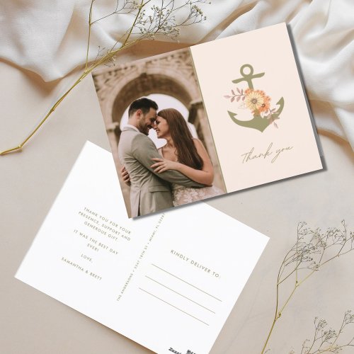 Boho Floral Anchor Wedding Photo Thank You  Postcard