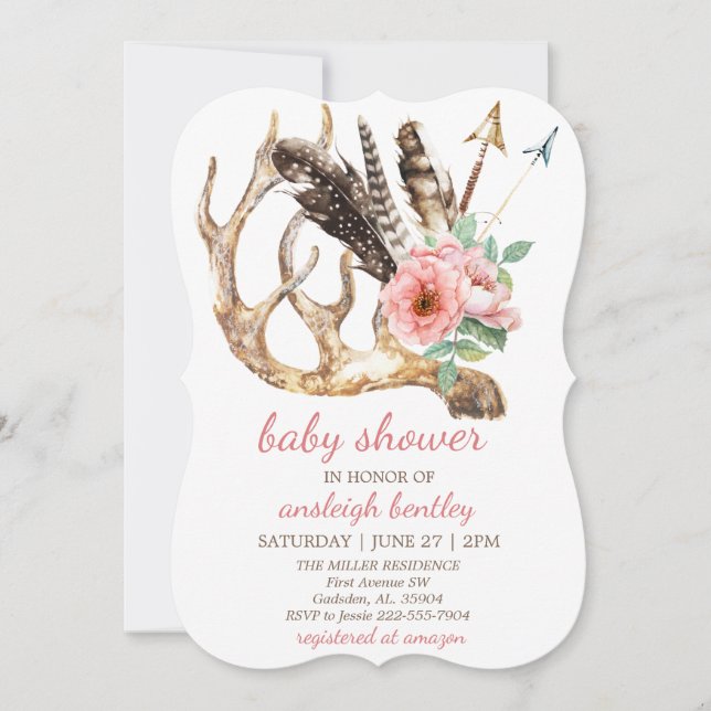 Boho Floral and Antler Baby Shower Invitation (Front)
