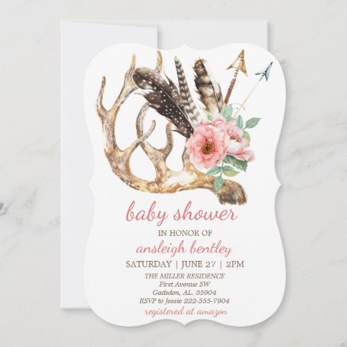 Boho Floral and Antler Baby Shower Invitation