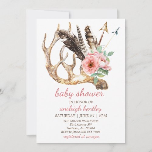 Boho Floral and Antler Baby Shower Invitation