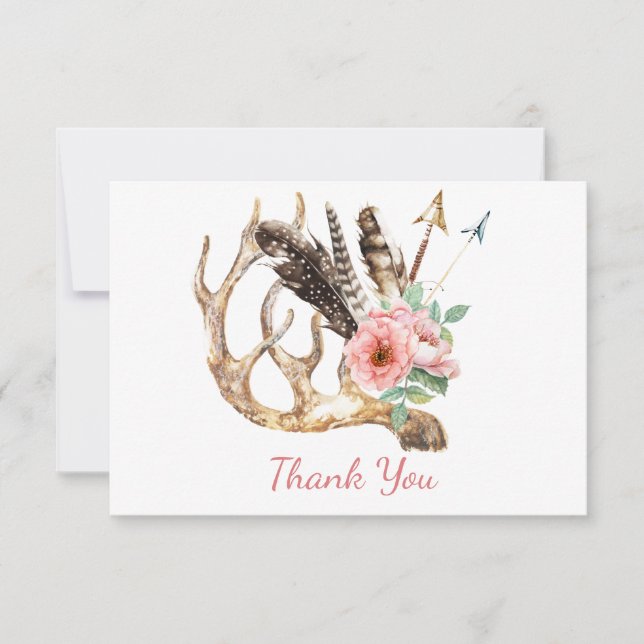 Boho Floral and Antler Thank You Card (Front)