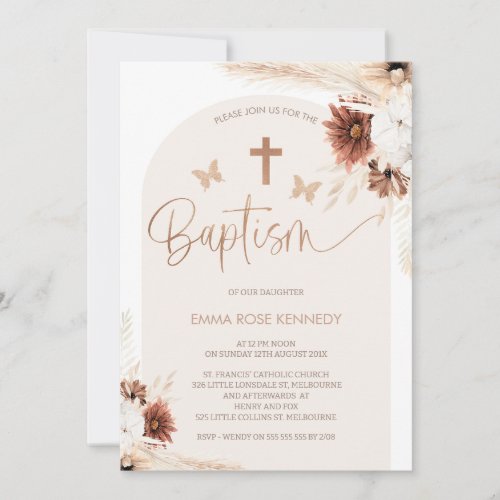 Boho Floral And Butterflies Arch Baptism Invitation