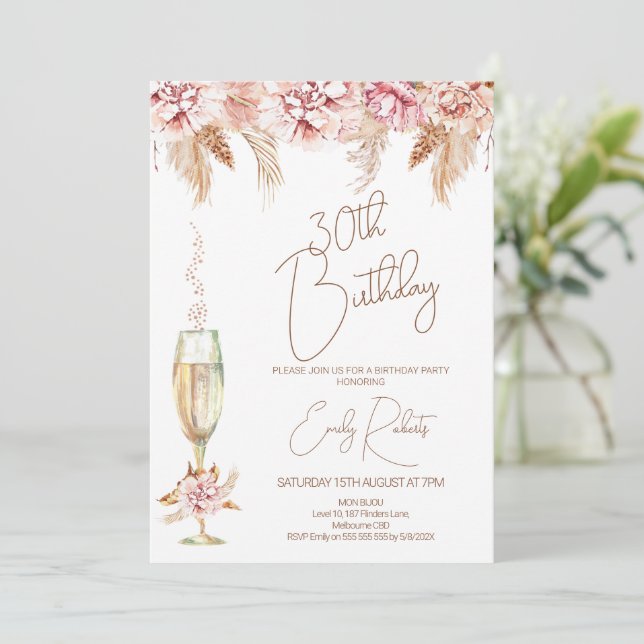 Boho Floral and Champagne Glass Birthday Invitation (Standing Front)