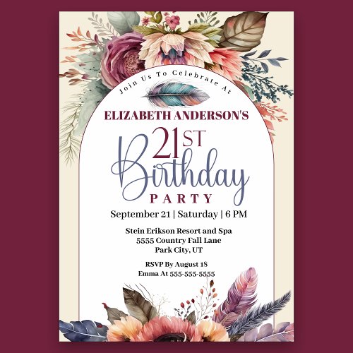 Boho Floral and Feather 21st Birthday Invitation