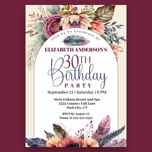 Boho Floral and Feather 30th Birthday Invitation